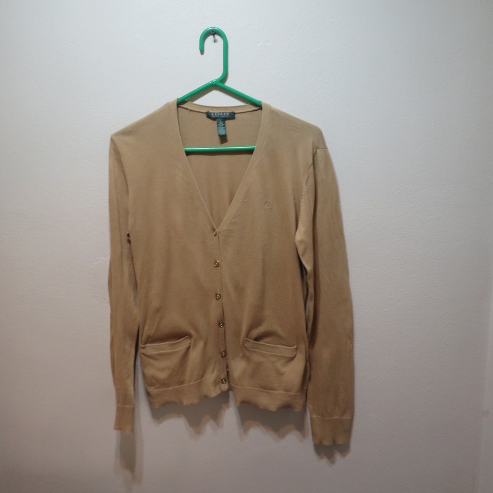 Lauren Ralph Lauren Tan Camel 100% Cotton V-Neck Button Front Cardigan Large